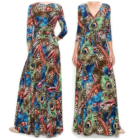 Peacock Leopard Feathers Faux Wrap Maxi Dress