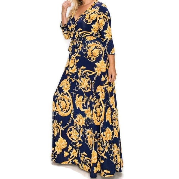 Gold Floral and Chains Navy Faux Wrap Maxi Plus Size Dress