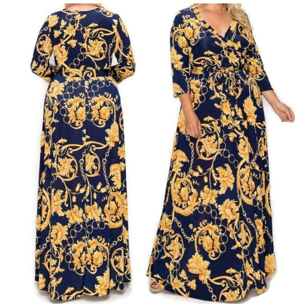 Gold Floral and Chains Navy Faux Wrap Maxi Plus Size Dress