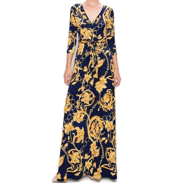 Gold Floral and Chains Navy Faux Wrap Maxi Dress