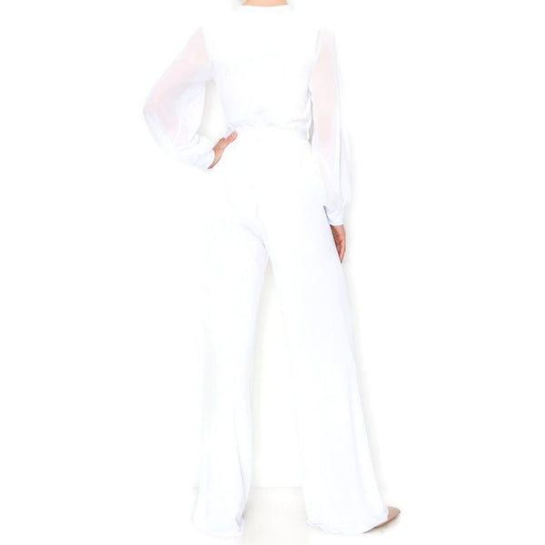 WHITE SHEER Long Bell Sleeve V-neck Jumpsuit