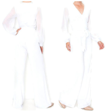 WHITE SHEER Long Bell Sleeve V-neck Jumpsuit