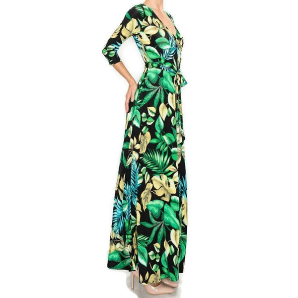 Natures Floral Banana Leaf Faux Wrap Maxi Dress