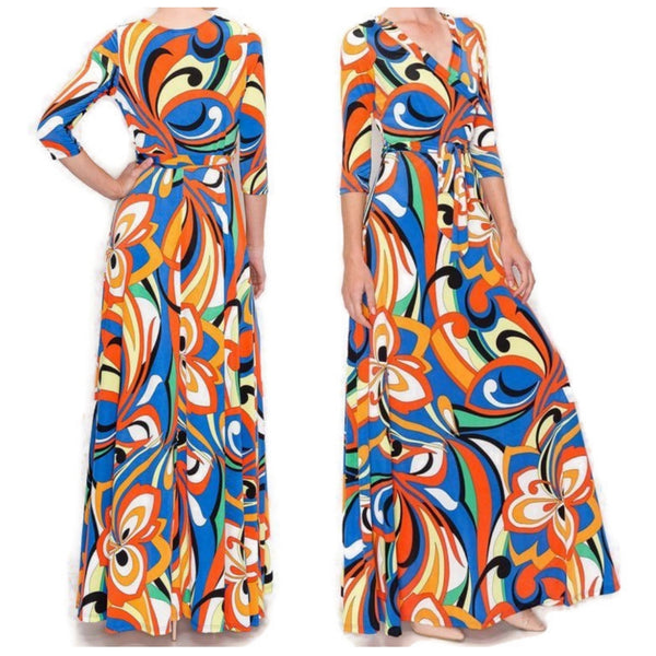 Hippie Floral Faux Wrap Maxi Dress