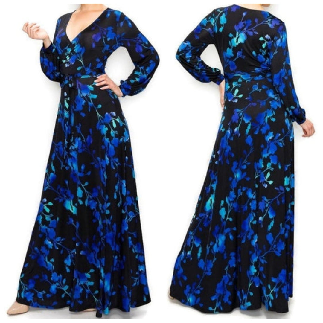 Black Royal Blue Watercolor Floral Bell Long Sleeve Maxi Dress