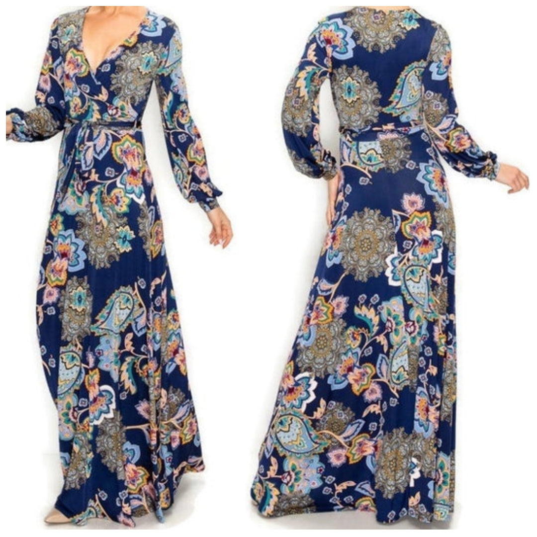 Navy Multicolor Paisley Floral Bell Long Sleeve Maxi Dress