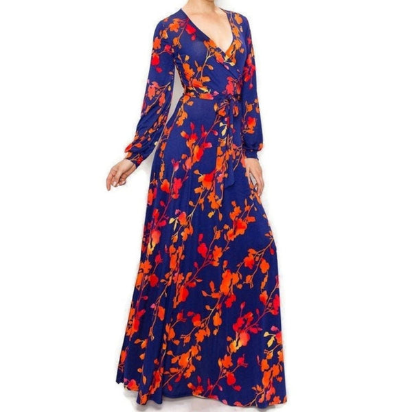 Navy Orange Red Watercolor Floral Bell Long Sleeve Maxi Dress