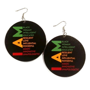 I AM Black Woman Love Innovative GYR Statement Dangle Wood Earrings