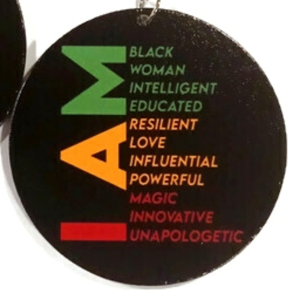 I AM Black Woman Love Innovative GYR Statement Dangle Wood Earrings