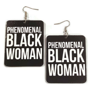 Phenomenal Black Woman Rectangle Statement Dangle Wood Earrings