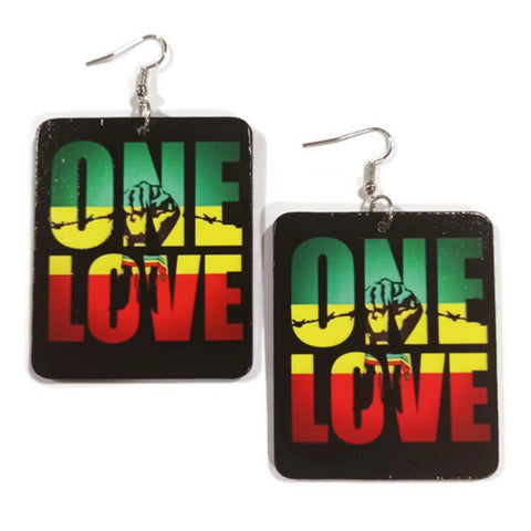 ONE LOVE Power Fist GYR Rectangle Statement Dangle Wood Earrings