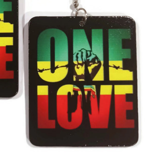 ONE LOVE Power Fist GYR Rectangle Statement Dangle Wood Earrings