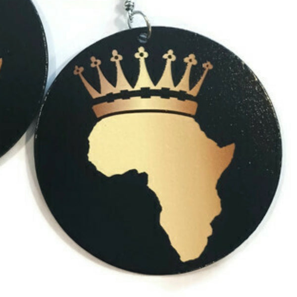 Africa Crown Gold Black Statement Dangle Wood Earrings