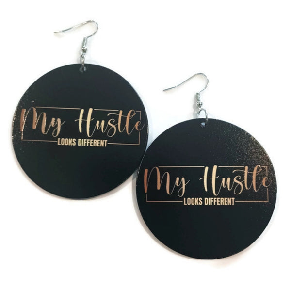 My Hustle Looks Different Black Gold Statement Dangle Wood Earrings