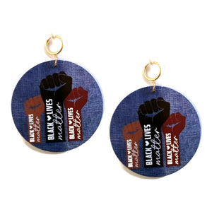 Black Lives Matter Power Fist Denim Statement Dangle Wood Clip On Earrings