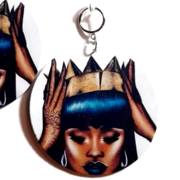 Black Queen Gold Crown Statement Dangle Wood Clip On Earrings