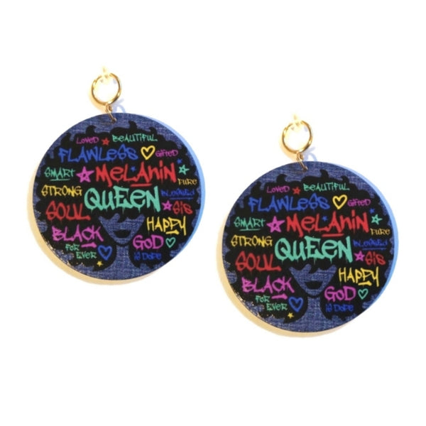 Flawless Melanin Queen Graffiti Denim Statement Dangle Wood Clip On Earrings