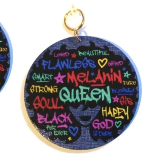 Flawless Melanin Queen Graffiti Denim Statement Dangle Wood Clip On Earrings