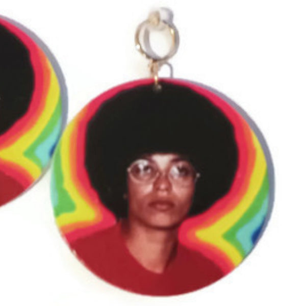 Angela Davis Afro in Colors Statement Dangle Wood Clip On Earrings