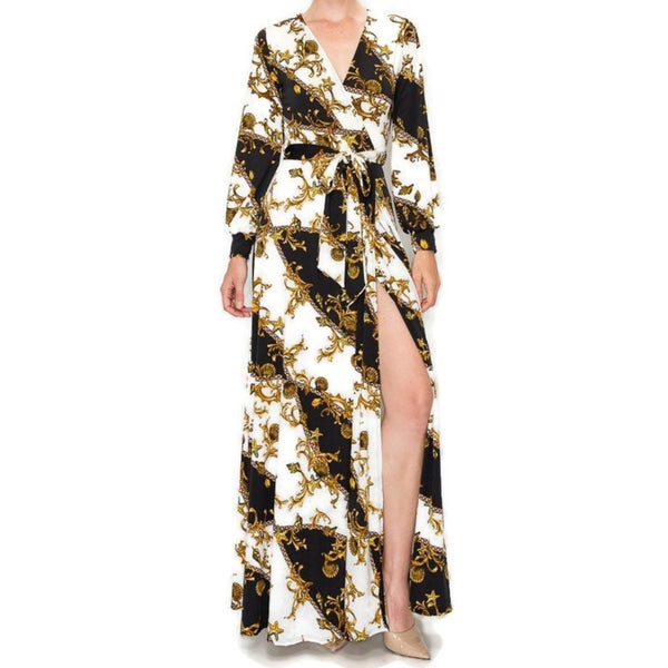 Ivory Couture Gold Seashells Stars Bell Long Sleeve Maxi Dress