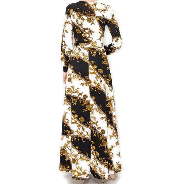 Ivory Couture Gold Seashells Stars Bell Long Sleeve Maxi Dress