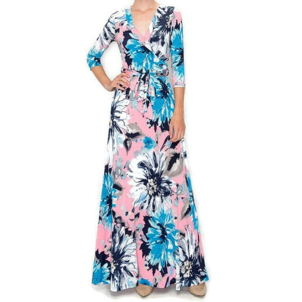 Pink and Blue Blossom Floral Faux Wrap Maxi Dress