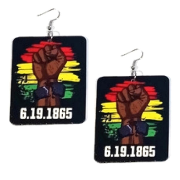 POWER FIST Since 1865 Rectangle Statement Dangle Wood Earrings