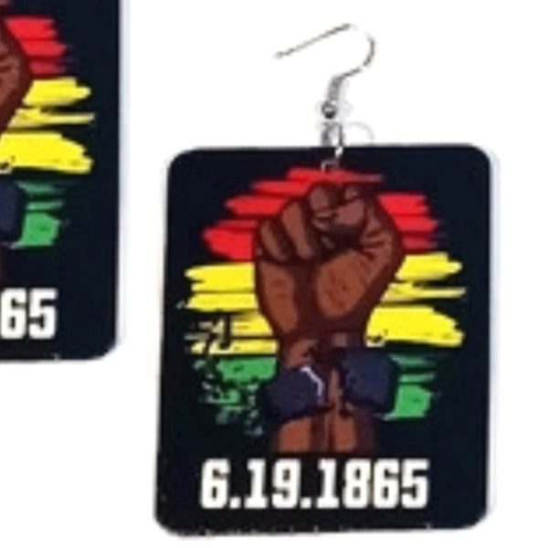 POWER FIST Since 1865 Rectangle Statement Dangle Wood Earrings