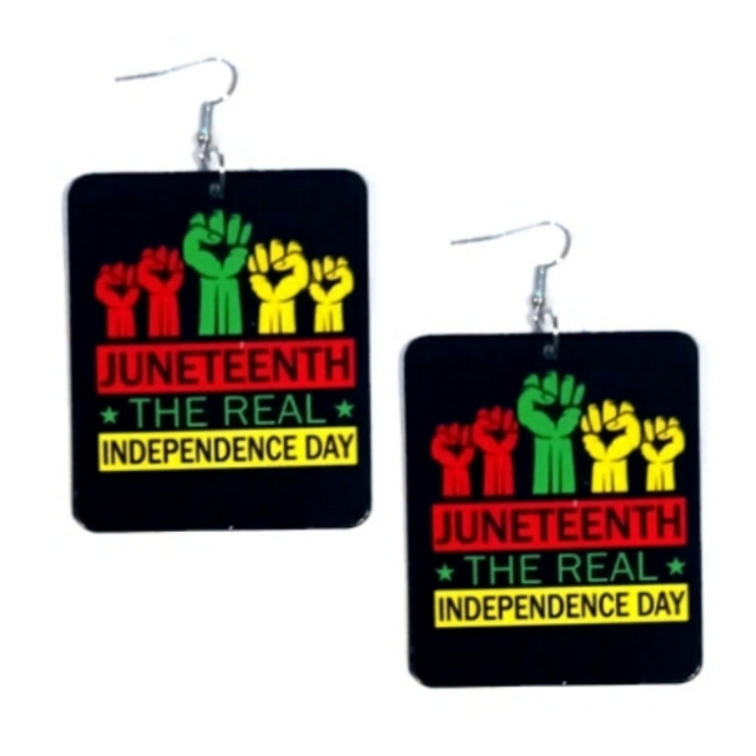 Real Independence Day JUNETEENTH Rectangle Statement Dangle Wood Earrings