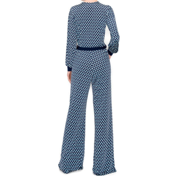 Navy Blue Brick Bell Long Sleeve V-neck Jumpsuit