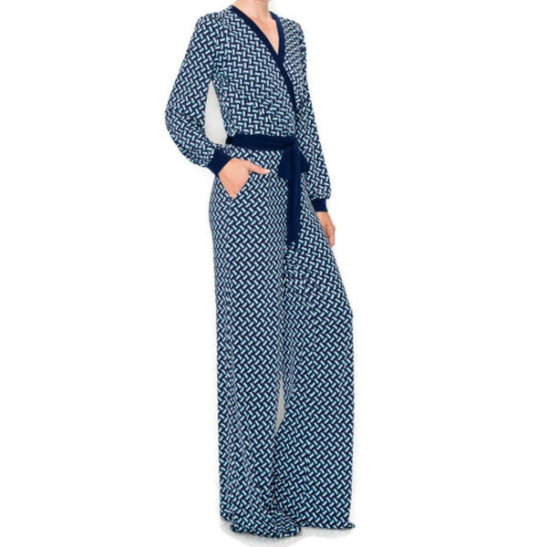 Navy Blue Brick Bell Long Sleeve V-neck Jumpsuit