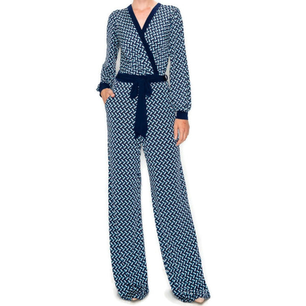 Navy Blue Brick Bell Long Sleeve V-neck Jumpsuit