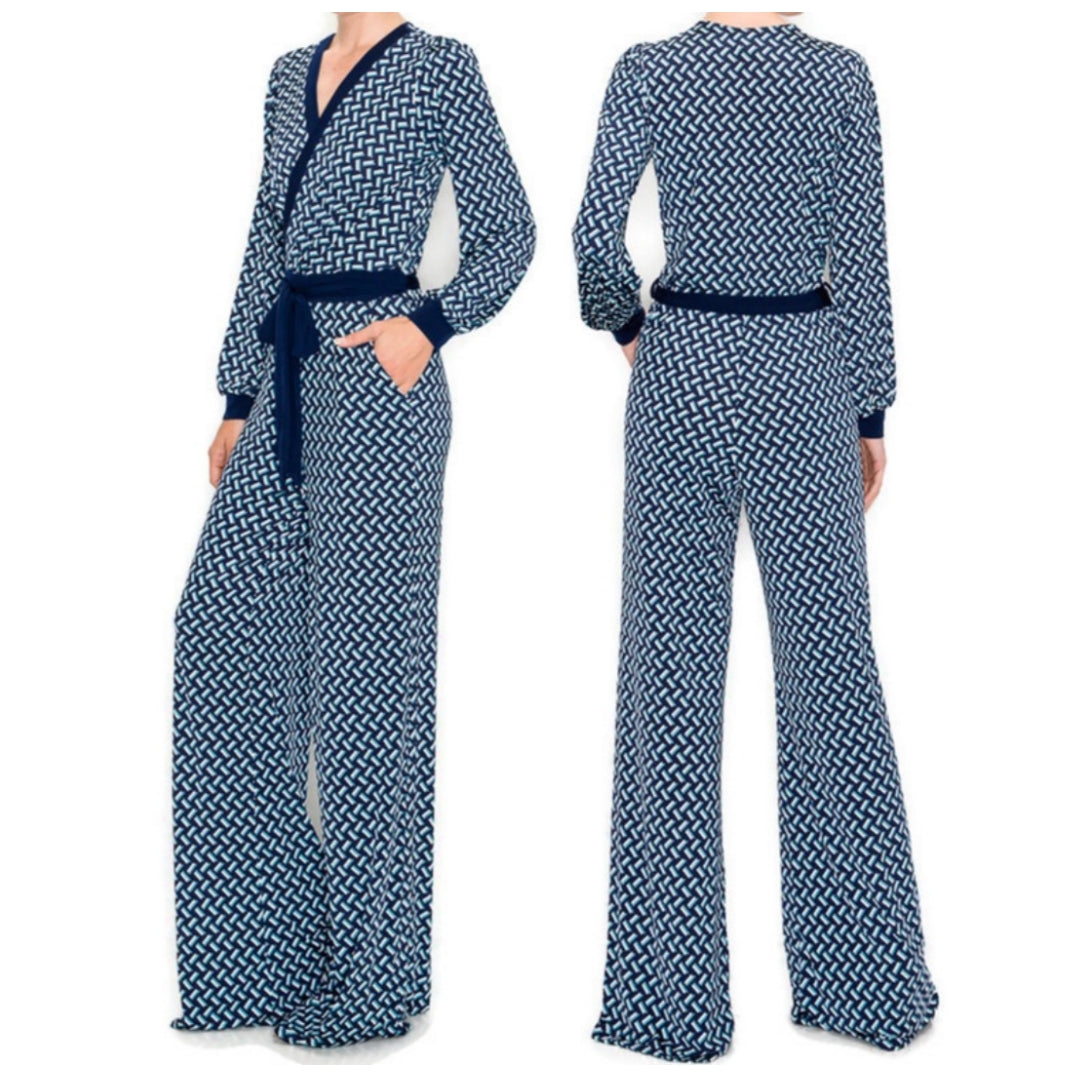 Navy Blue Brick Bell Long Sleeve V-neck Jumpsuit