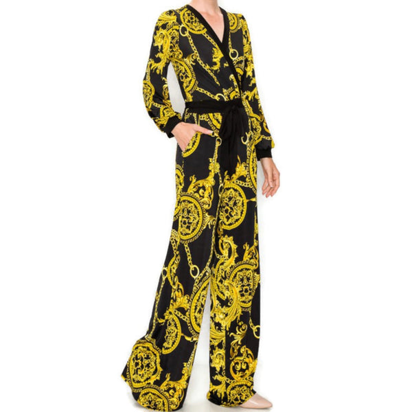 RESERVED FOR Abdul - Black Gold Chain Bell Long Sleeve V-neck Jumpsuit - LARGE