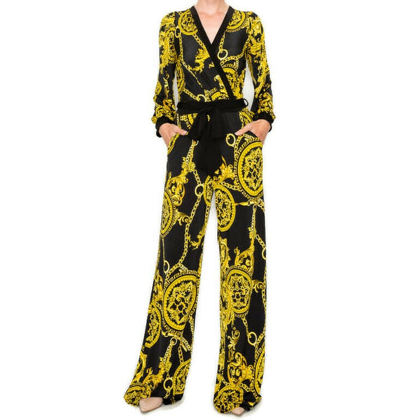 RESERVED FOR Abdul - Black Gold Chain Bell Long Sleeve V-neck Jumpsuit - LARGE