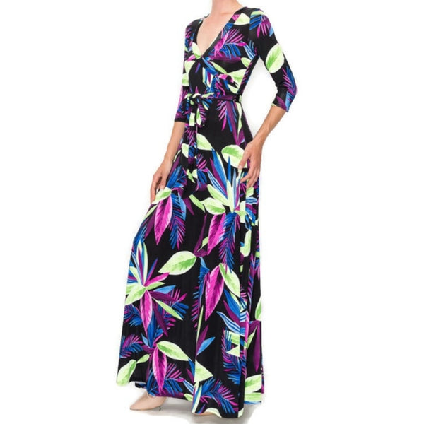 Lime Green Purple Spring Floral Faux Wrap Maxi Dress