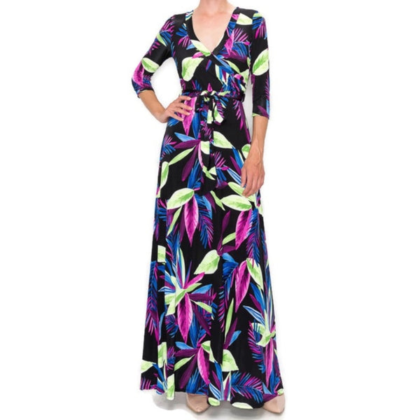 Lime Green Purple Spring Floral Faux Wrap Maxi Dress