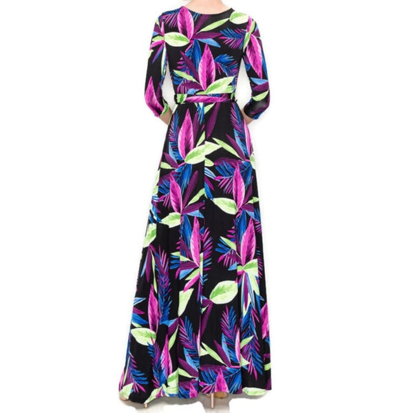 Lime Green Purple Spring Floral Faux Wrap Maxi Dress