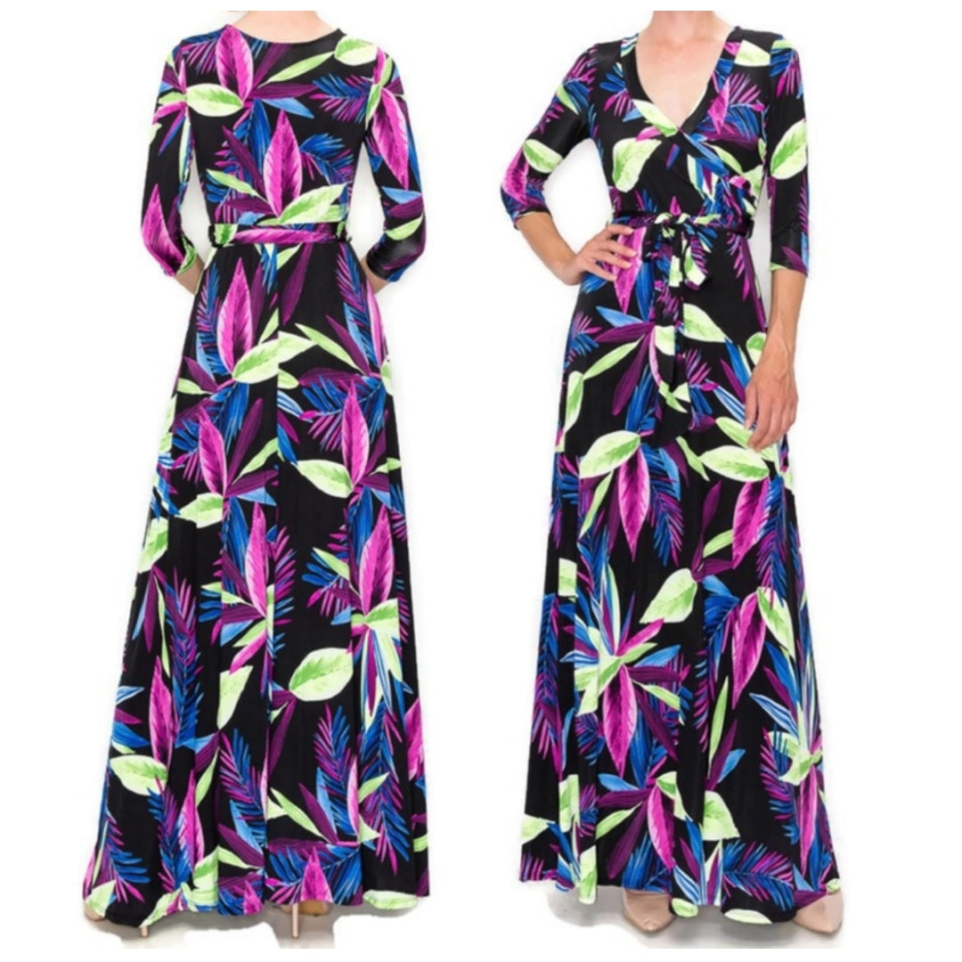 Lime Green Purple Spring Floral Faux Wrap Maxi Dress