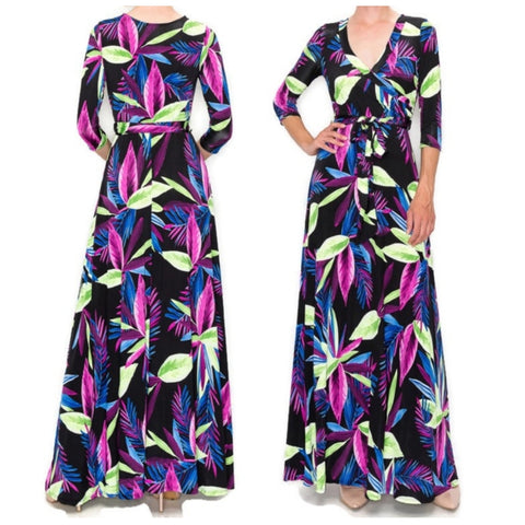 Lime Green Purple Spring Floral Faux Wrap Maxi Dress