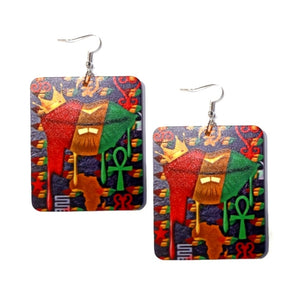 ANKH Rasta Drip Rectangle Statement Dangle Wood Earrings