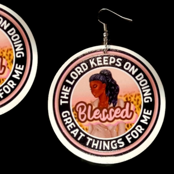 Queen Blessed Great Things Statement Dangle Wood Earrings