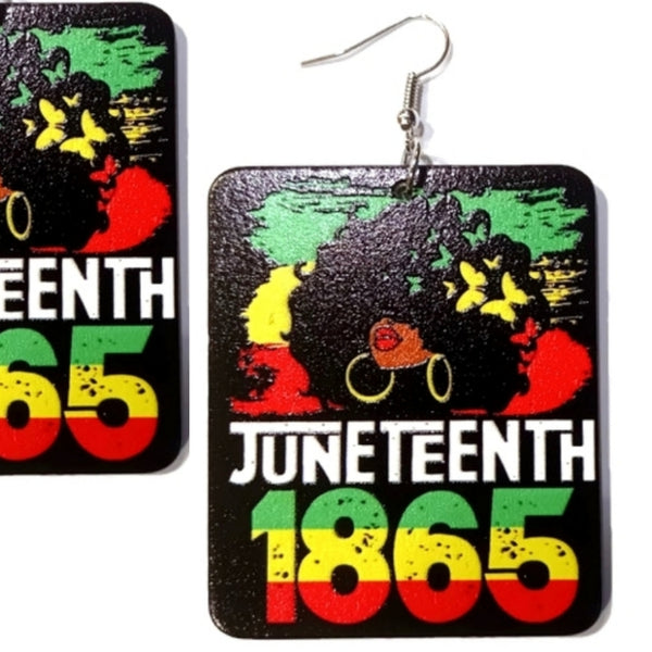 Butterfly Afro Juneteenth 1865 Rectangle Statement Dangle Wood Earrings