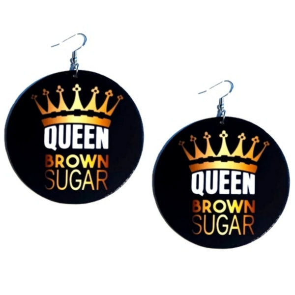 Crown Queen Brown Sugar Black Gold Large Statement Dangle Wood Earrings