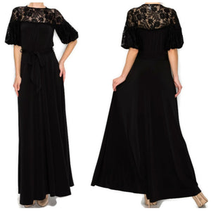 Vintage Victorian Black Lace Bell Short Sleeve Evening Formal Modest Maxi Dress