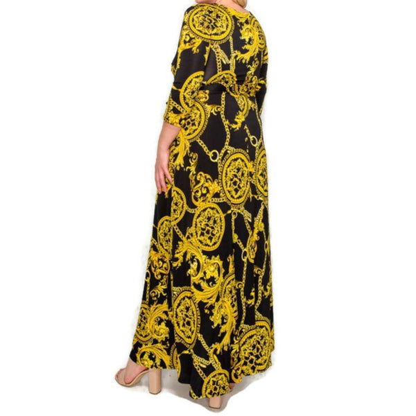 Gold Black Medallion Faux Wrap Maxi Plus Size Dress