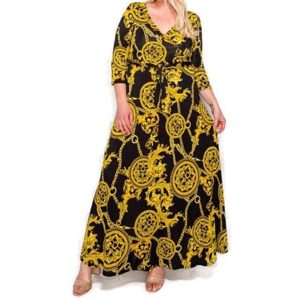 Gold Black Medallion Faux Wrap Maxi Plus Size Dress