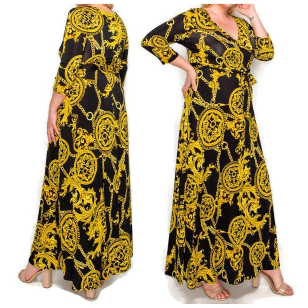 Gold Black Medallion Faux Wrap Maxi Plus Size Dress