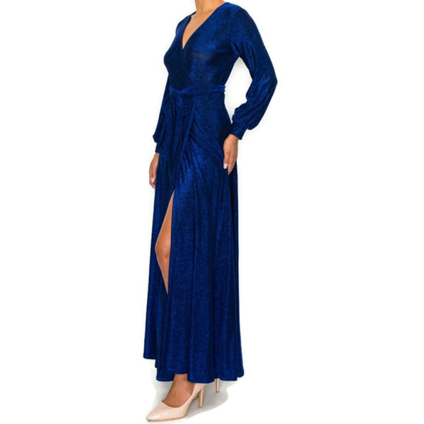 Blue Black Metallic Bell Long Sleeve Evening Formal Faux Wrap Maxi Dress