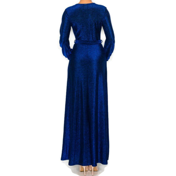 Blue Black Metallic Bell Long Sleeve Evening Formal Faux Wrap Maxi Dress